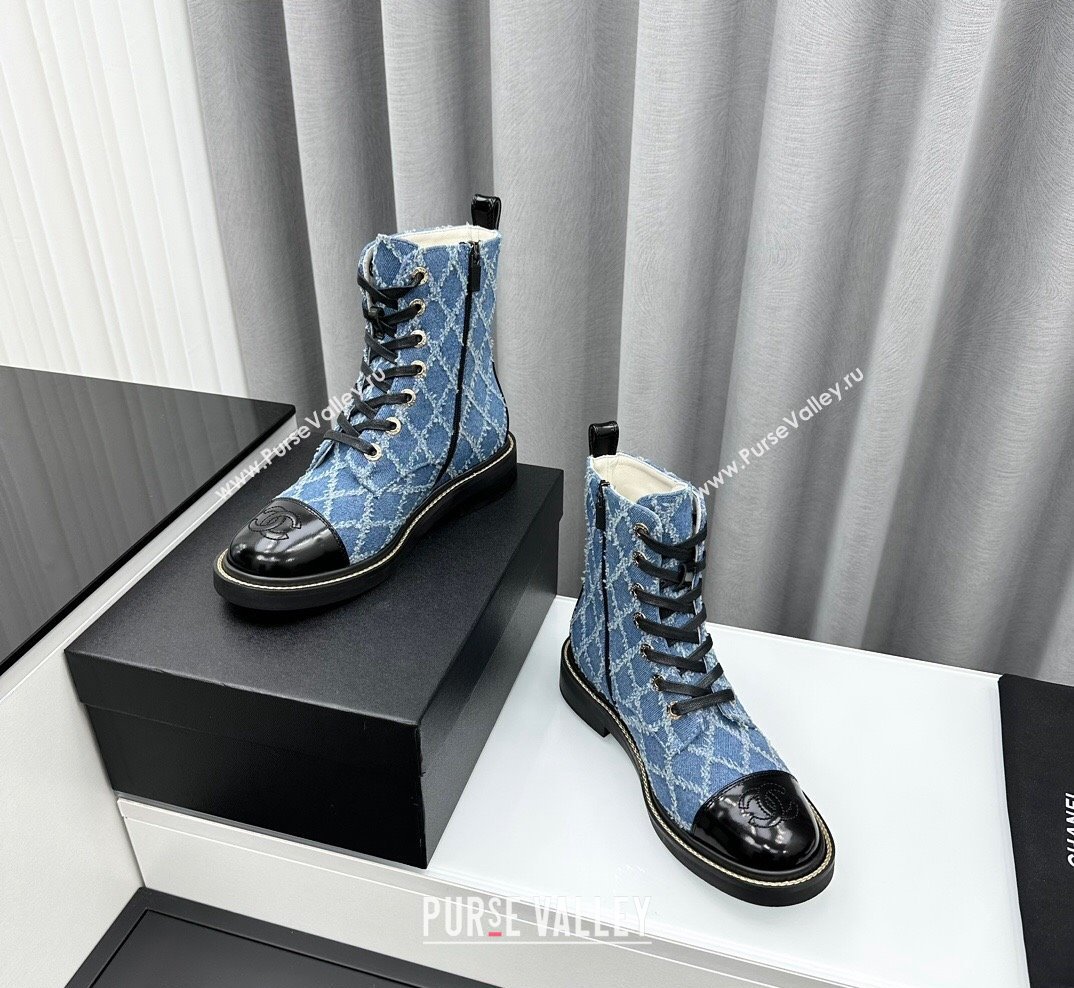 Chanel Quilted Denim Lace-up Ankle Boots Blue 2023 CH10250 (KL-231025107)