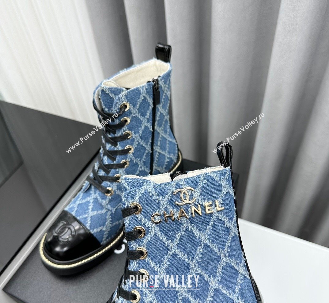 Chanel Quilted Denim Lace-up Ankle Boots Blue 2023 CH10250 (KL-231025107)