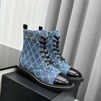 Chanel Quilted Denim Lace-up Ankle Boots Blue 2023 CH10250 (KL-231025107)