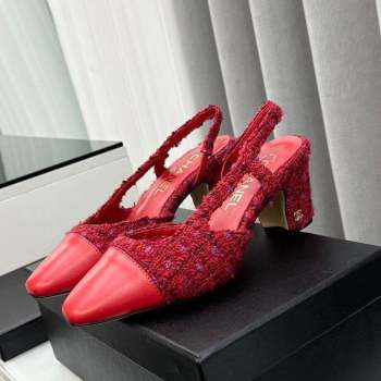 Chanel Tweed Leather Slingbacks Pumps 6.5cm Red 2023 G31318 1103 (MD-231103039)