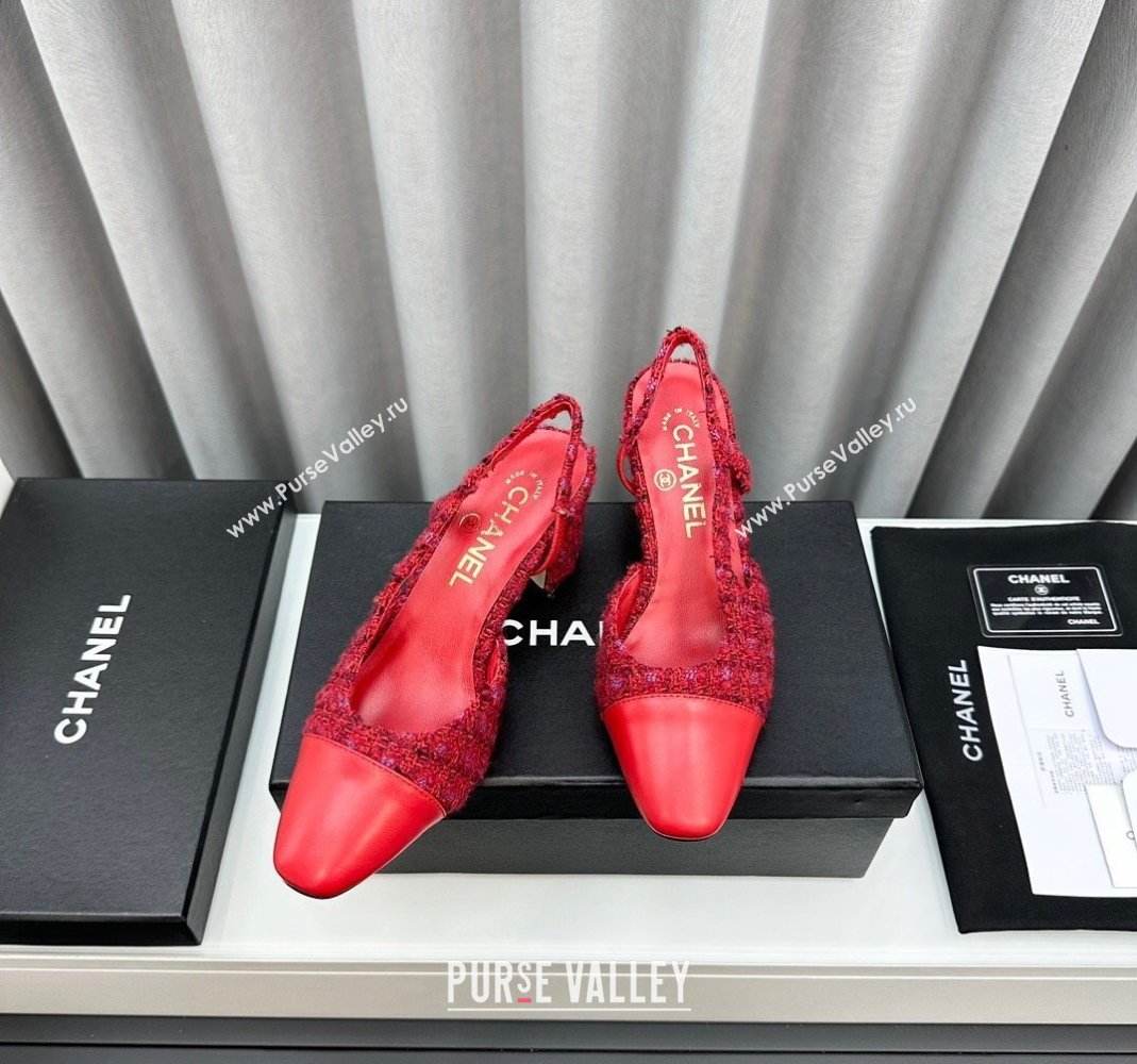 Chanel Tweed Leather Slingbacks Pumps 6.5cm Red 2023 G31318 1103 (MD-231103039)