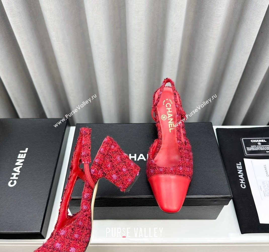 Chanel Tweed Leather Slingbacks Pumps 6.5cm Red 2023 G31318 1103 (MD-231103039)