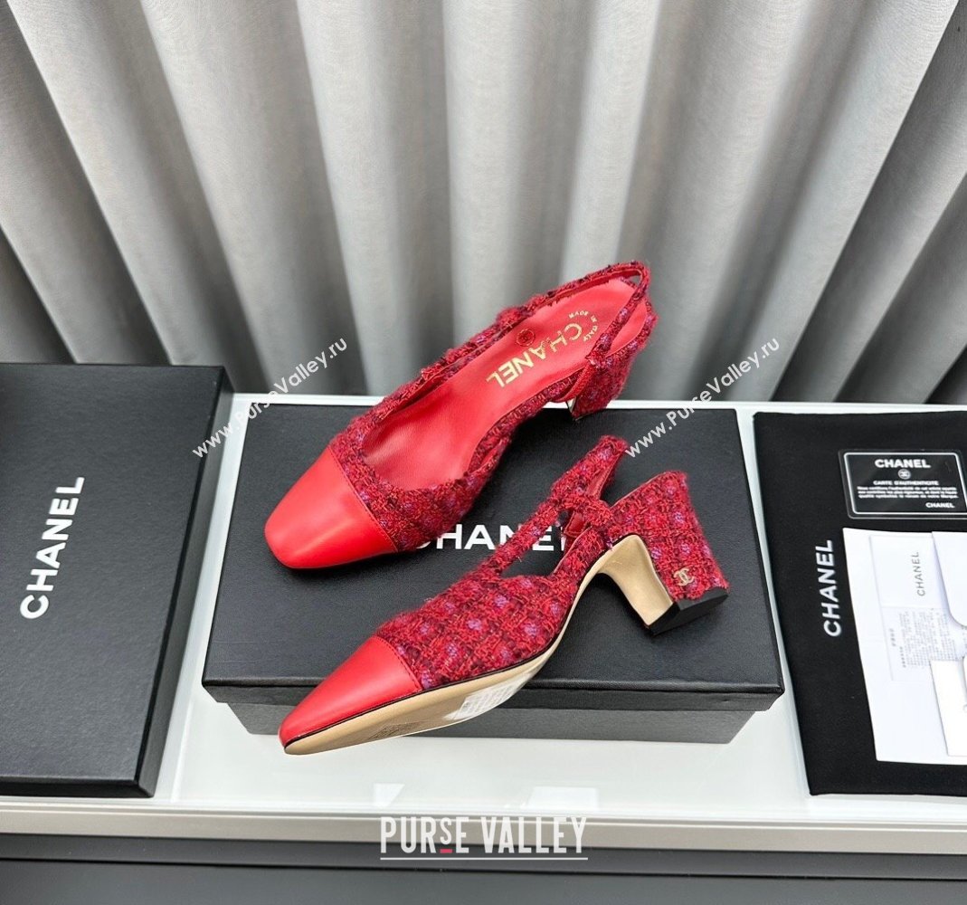 Chanel Tweed Leather Slingbacks Pumps 6.5cm Red 2023 G31318 1103 (MD-231103039)