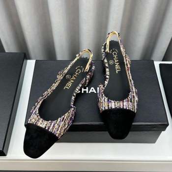 Chanel Tweed Grosgrain Slingbacks Flat Black 2023 G31319 1103 (MD-231103051)