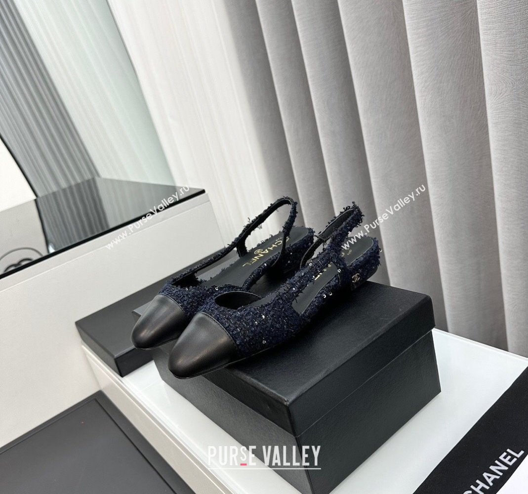 Chanel Tweed Leather Slingbacks Flat Dark Blue/Black 2023 G31319 1103 (MD-231103052)