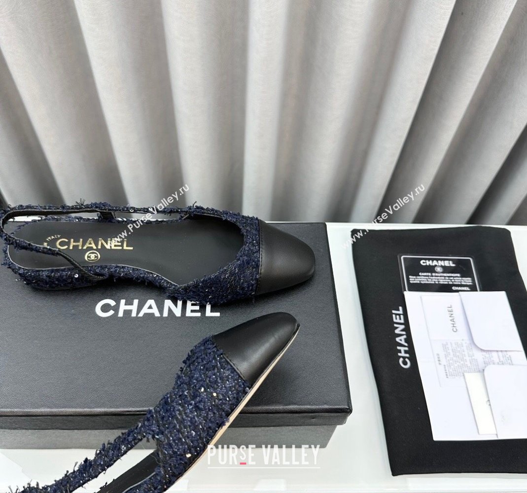 Chanel Tweed Leather Slingbacks Flat Dark Blue/Black 2023 G31319 1103 (MD-231103052)