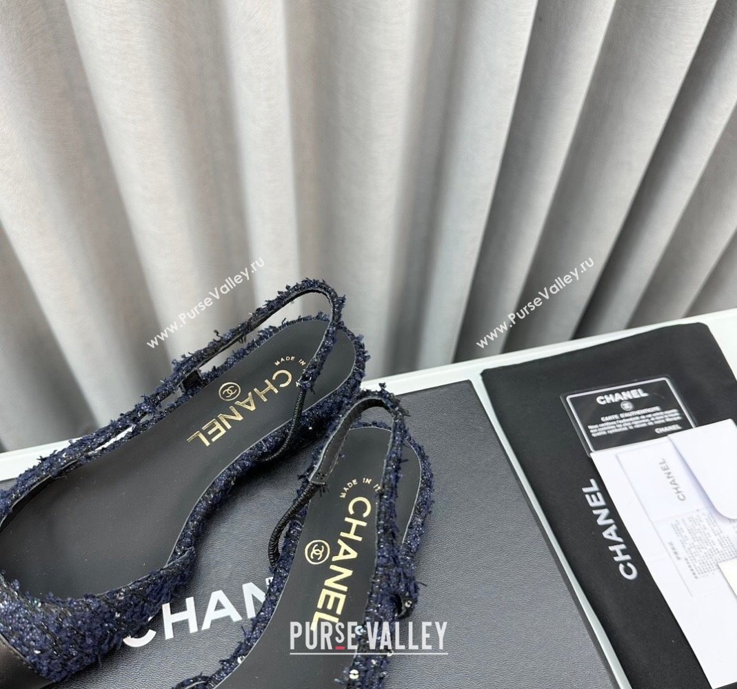 Chanel Tweed Leather Slingbacks Flat Dark Blue/Black 2023 G31319 1103 (MD-231103052)