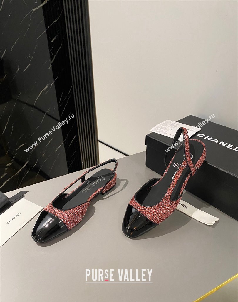 Chanel Glittered Tweed Patent Calfskin Slingbacks Flat Pink/Black 2023 G31319 1103 (MD-231103055)