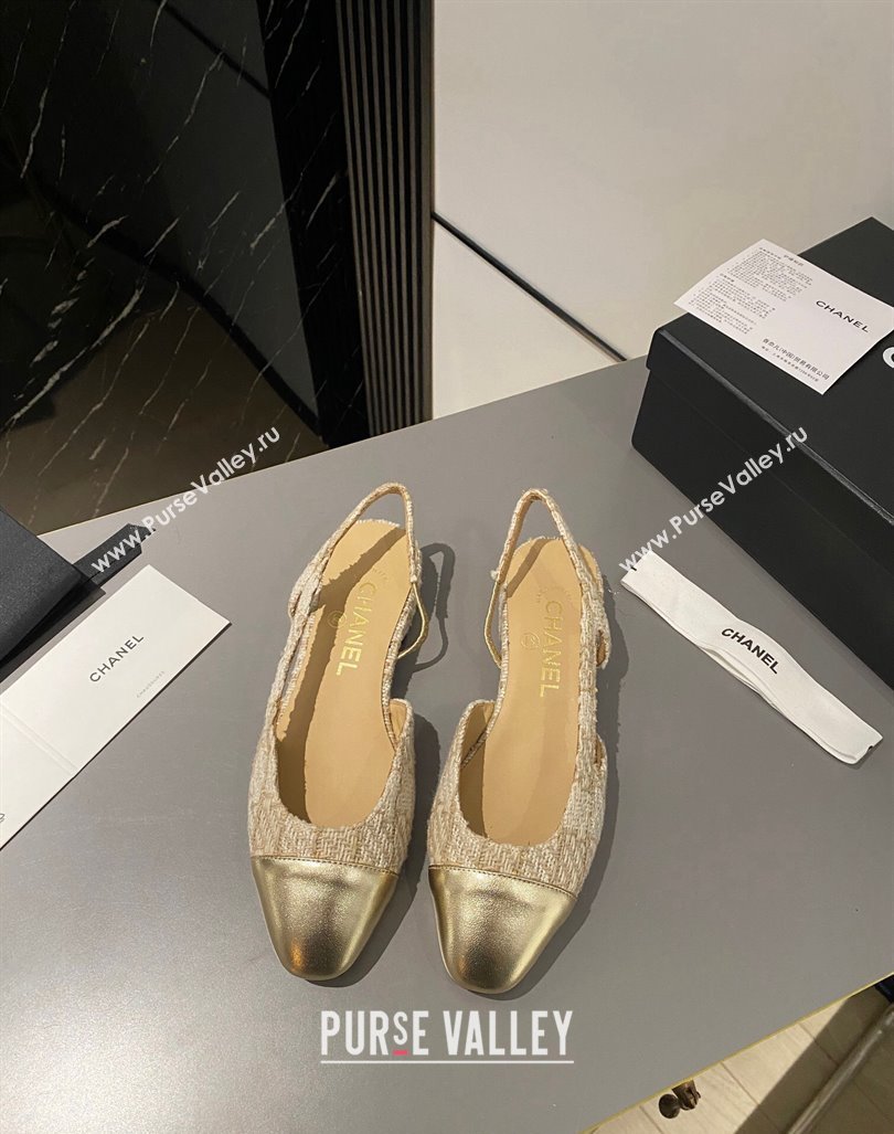 Chanel Tweed Metallic Leather Slingbacks Flat Beige/Gold 2023 G31319 1103 (MD-231103056)