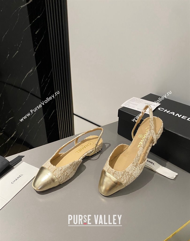 Chanel Tweed Metallic Leather Slingbacks Flat Beige/Gold 2023 G31319 1103 (MD-231103056)