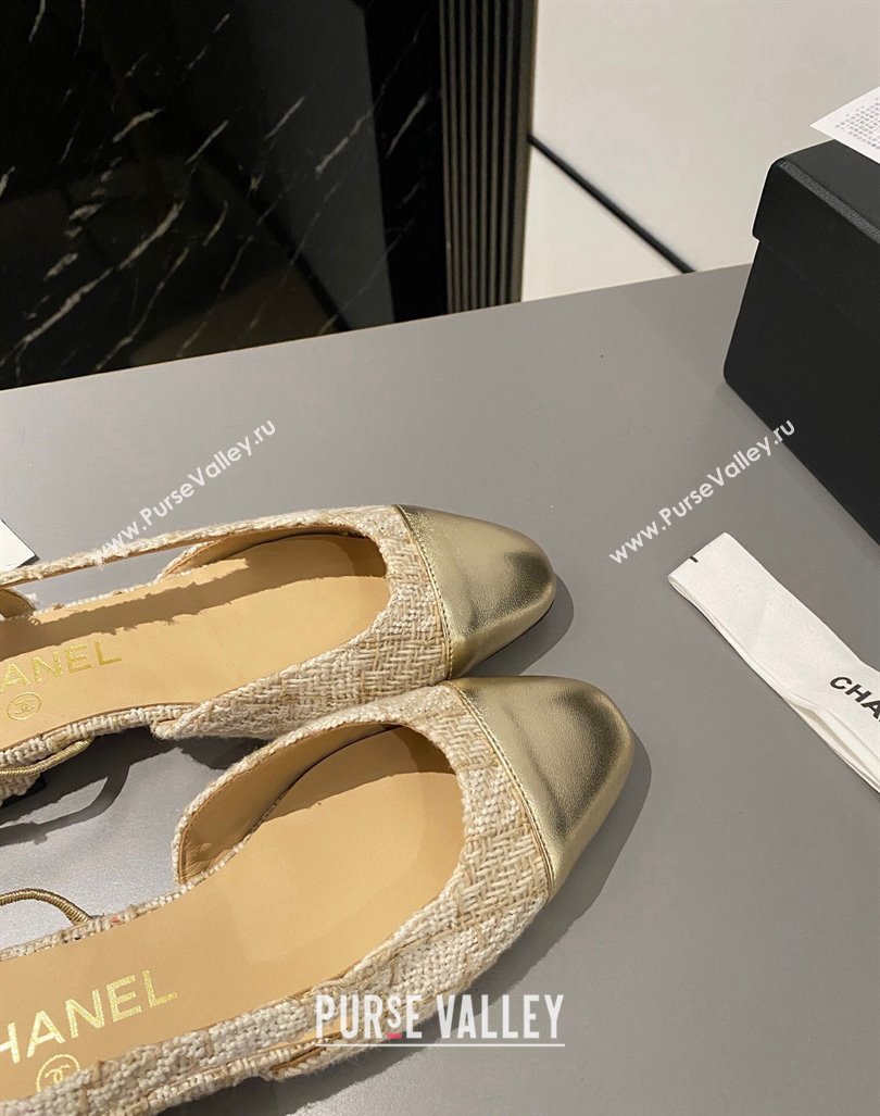 Chanel Tweed Metallic Leather Slingbacks Flat Beige/Gold 2023 G31319 1103 (MD-231103056)