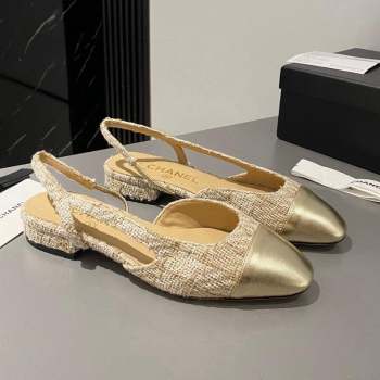 Chanel Tweed Metallic Leather Slingbacks Flat Beige/Gold 2023 G31319 1103 (MD-231103056)