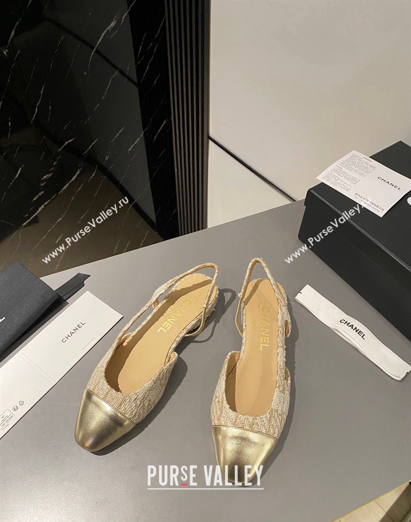 Chanel Tweed Metallic Leather Slingbacks Flat Beige/Gold 2023 G31319 1103 (MD-231103056)