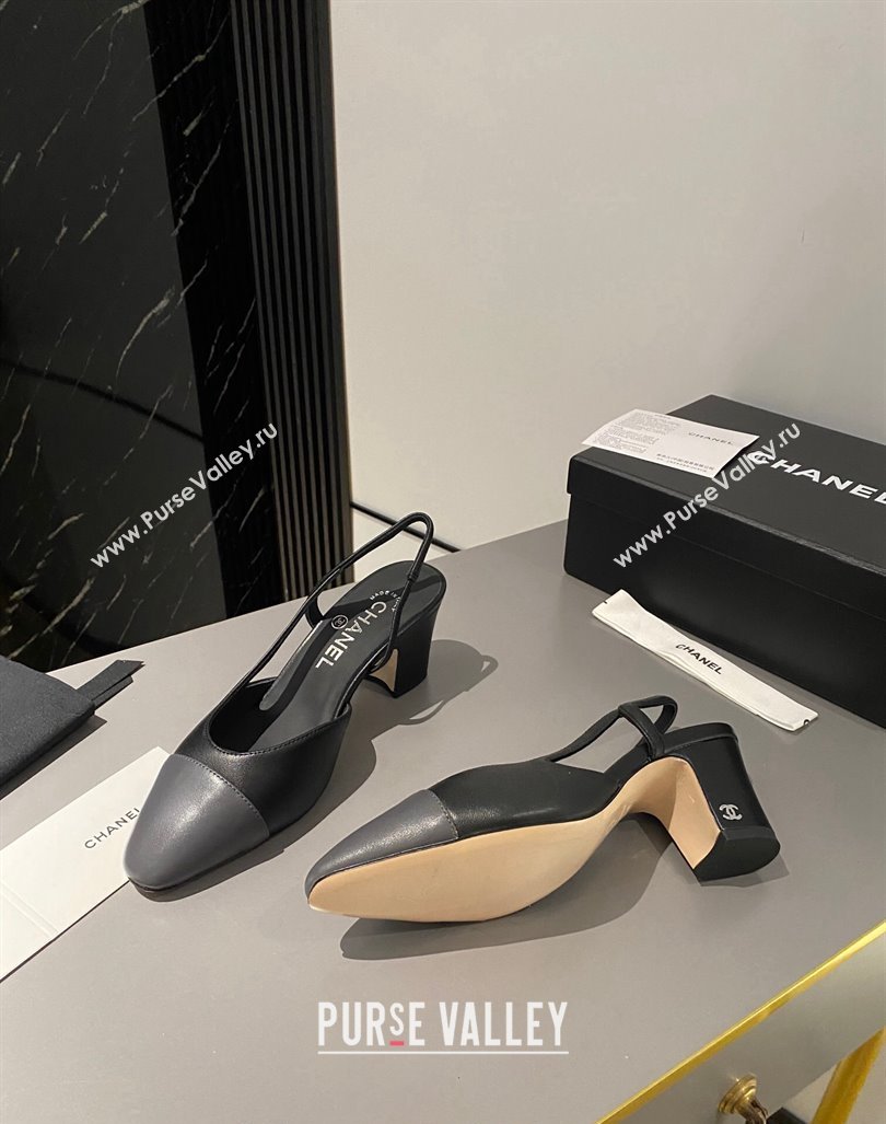 Chanel Calfskin Leather Slingbacks Pumps 6.5cm Black/Dark Grey 2023 G31318 1103 (MD-231103043)