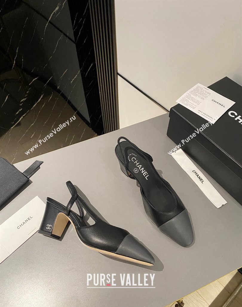 Chanel Calfskin Leather Slingbacks Pumps 6.5cm Black/Dark Grey 2023 G31318 1103 (MD-231103043)