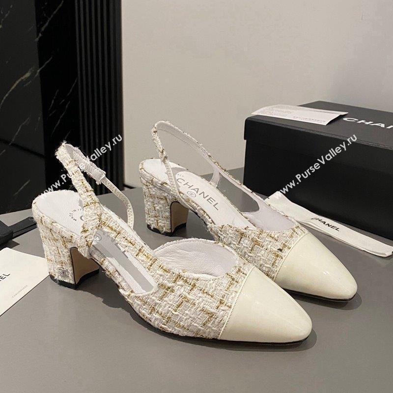 Chanel Tweed Patent Leather Slingbacks Pumps 6.5cm White/Gold 2023 G31318 1103 (MD-231103046)