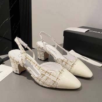 Chanel Tweed Patent Leather Slingbacks Pumps 6.5cm White/Gold 2023 G31318 1103 (MD-231103046)