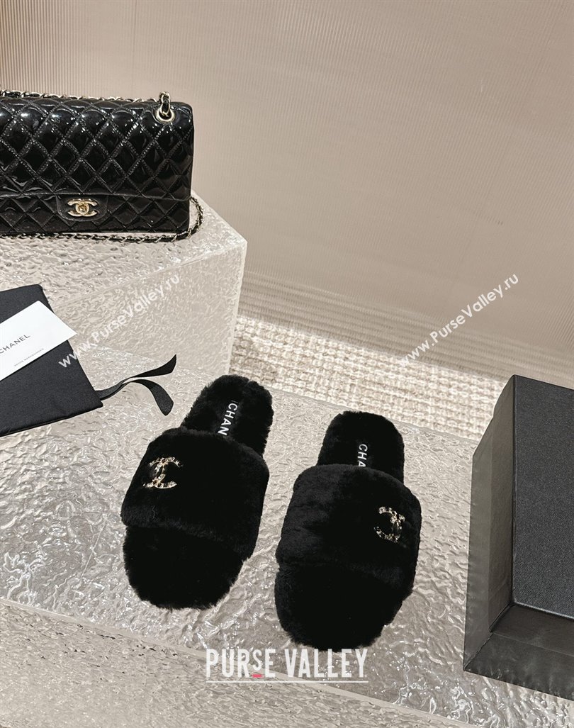 Chanel Wool Flat Slide Sandals with Crystal CC Black 2023 CH110305 (MD-231103023)