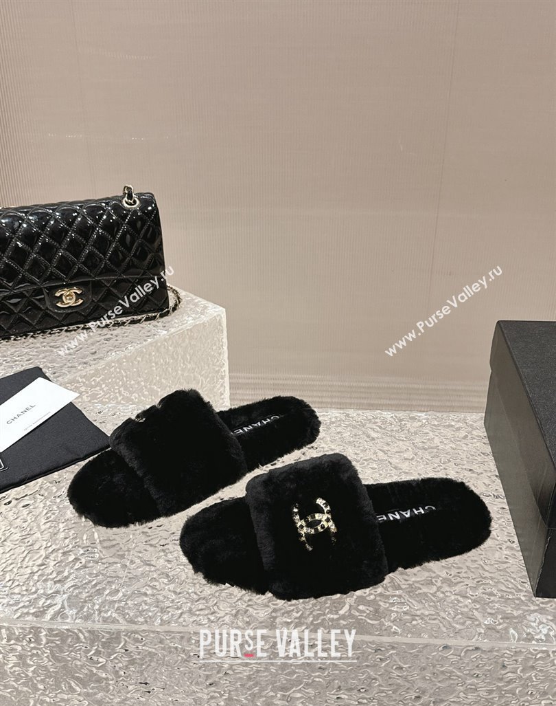 Chanel Wool Flat Slide Sandals with Crystal CC Black 2023 CH110305 (MD-231103023)