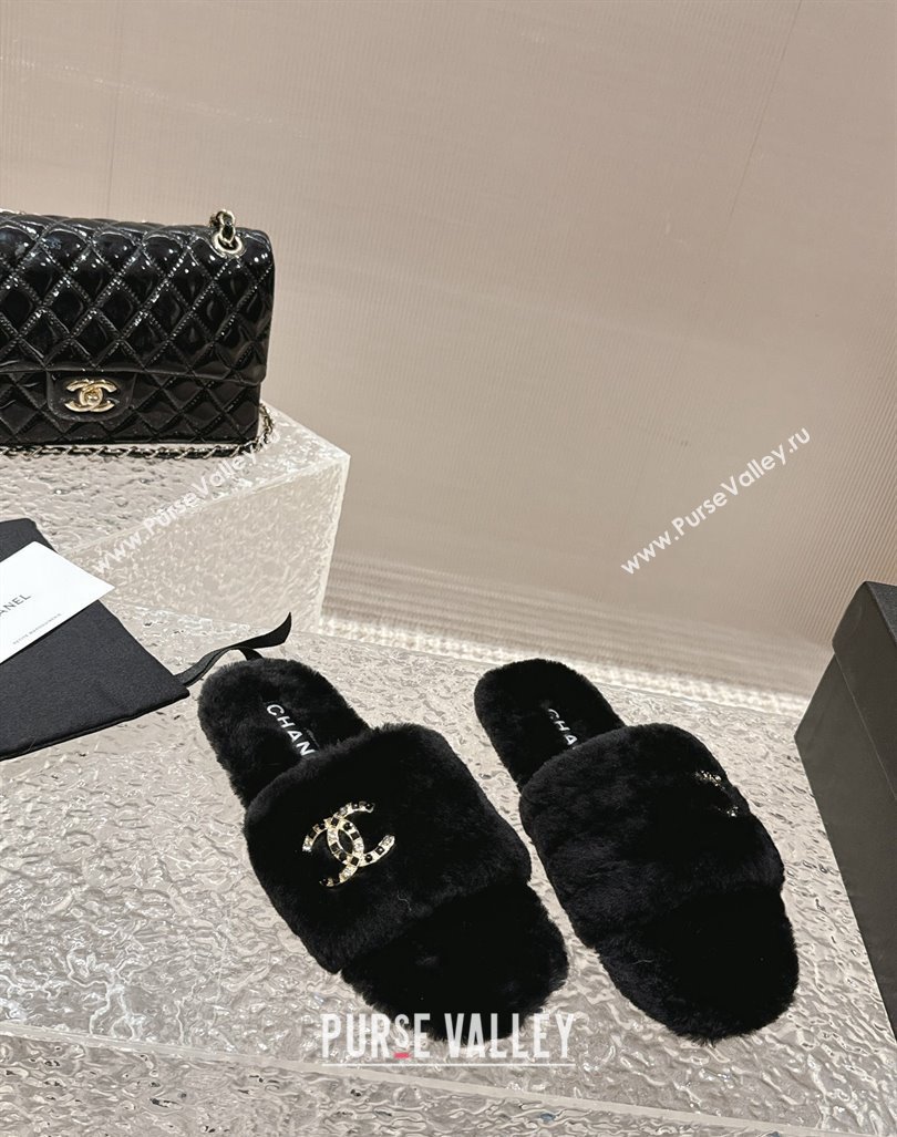 Chanel Wool Flat Slide Sandals with Crystal CC Black 2023 CH110305 (MD-231103023)