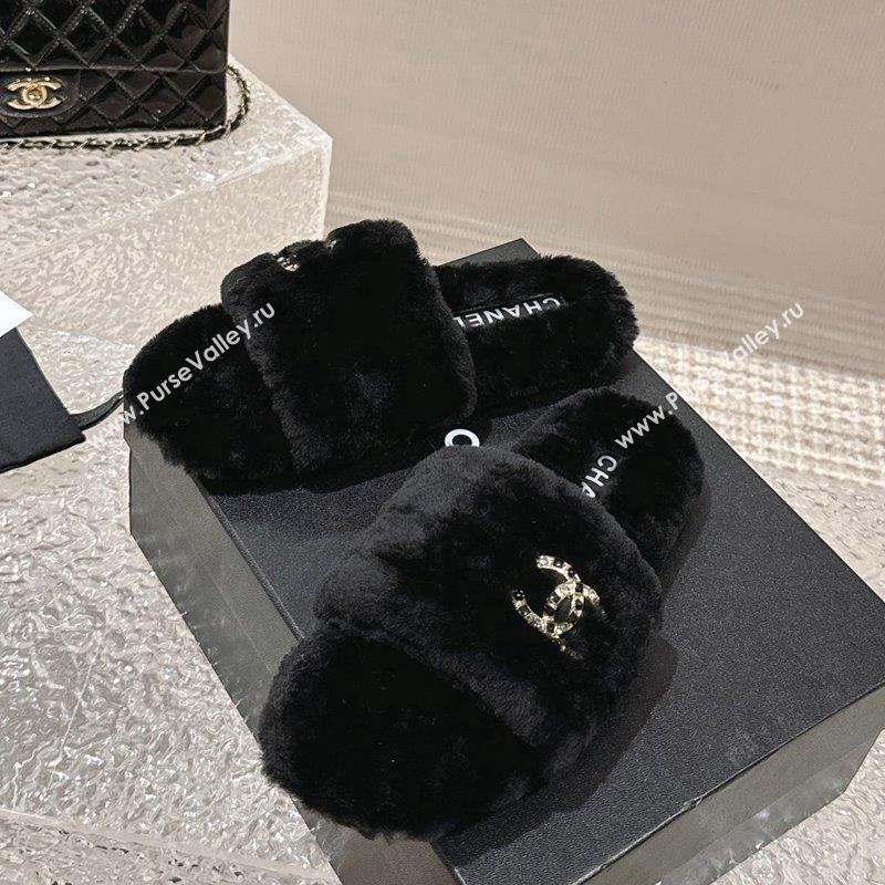 Chanel Wool Flat Slide Sandals with Crystal CC Black 2023 CH110305 (MD-231103023)