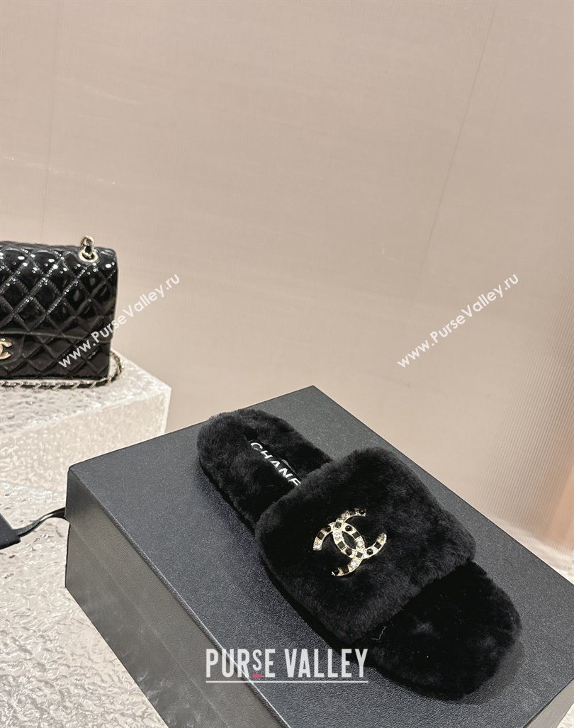 Chanel Wool Flat Slide Sandals with Crystal CC Black 2023 CH110305 (MD-231103023)