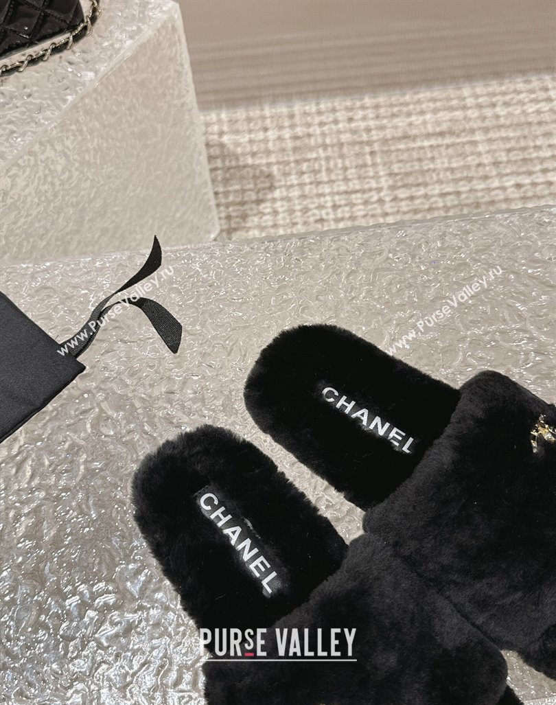 Chanel Wool Flat Slide Sandals with Crystal CC Black 2023 CH110305 (MD-231103023)