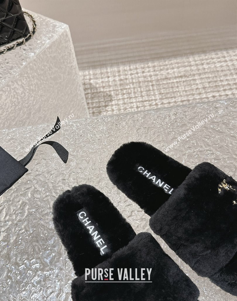 Chanel Wool Flat Slide Sandals with Crystal CC Black 2023 CH110305 (MD-231103023)