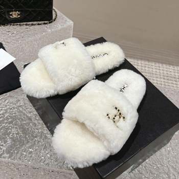 Chanel Wool Flat Slide Sandals with Crystal CC White 2023 CH110305 (MD-231103024)