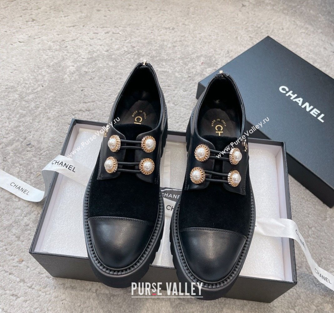 Chanel Calfskin Suede Lace-up Shoes with Pearls Black 2023 CH110306 (SS-231103027)