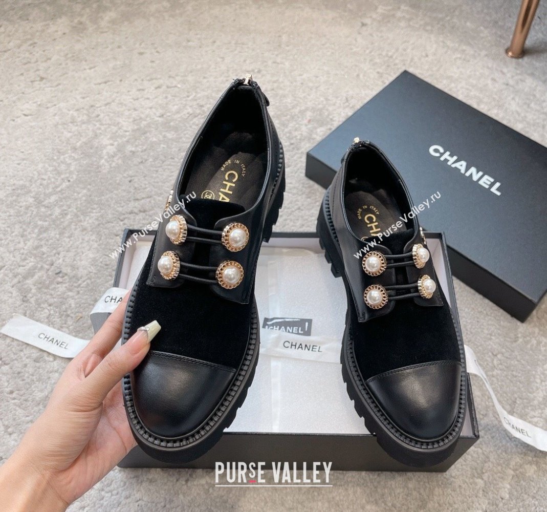 Chanel Calfskin Suede Lace-up Shoes with Pearls Black 2023 CH110306 (SS-231103027)