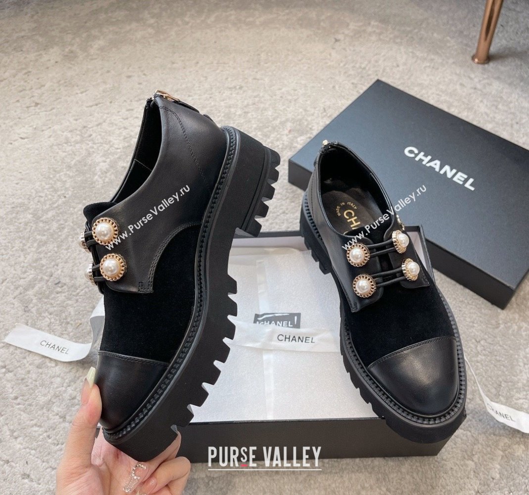 Chanel Calfskin Suede Lace-up Shoes with Pearls Black 2023 CH110306 (SS-231103027)