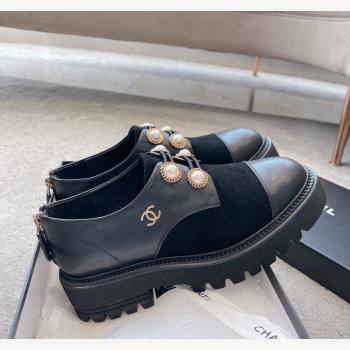 Chanel Calfskin Suede Lace-up Shoes with Pearls Black 2023 CH110306 (SS-231103027)