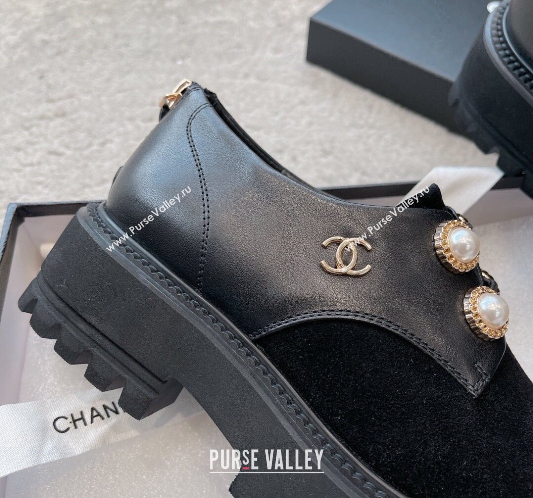 Chanel Calfskin Suede Lace-up Shoes with Pearls Black 2023 CH110306 (SS-231103027)