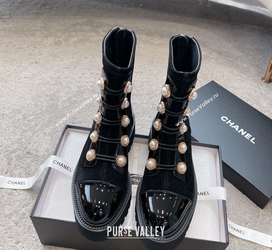 Chanel Patent Leather Suede Lace-up Ankle Boots with Pearls Black 2023 CH110306 (SS-231103029)