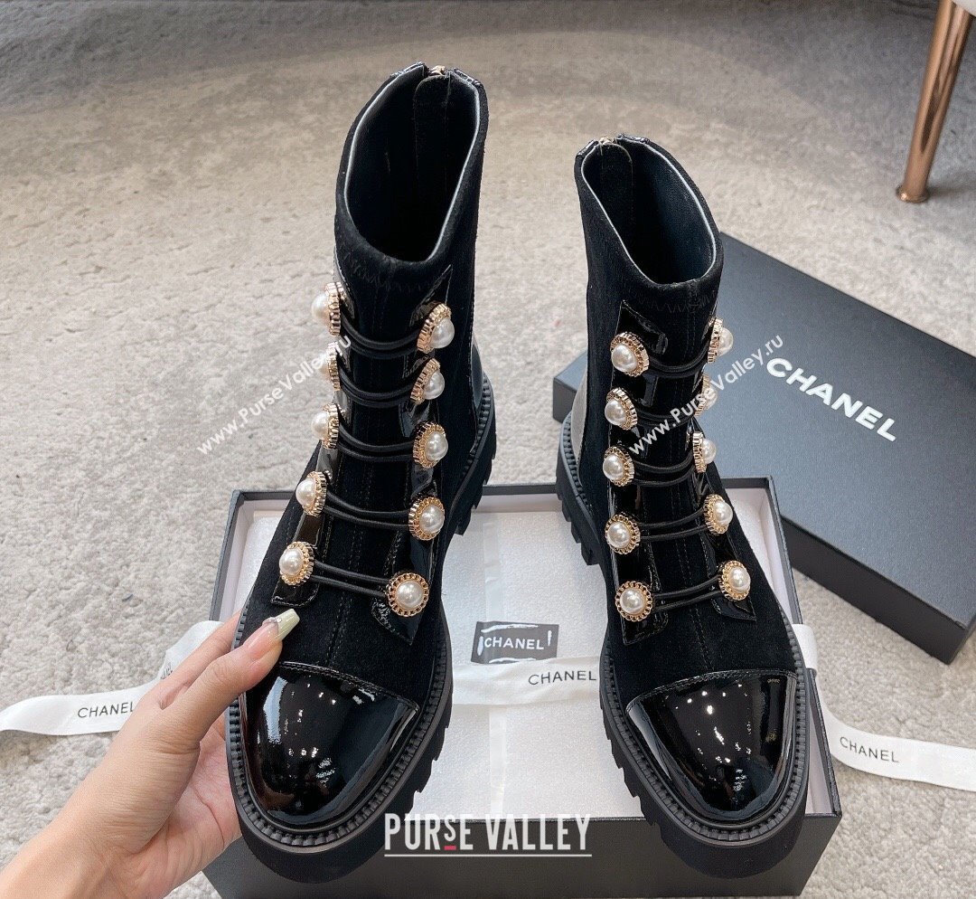 Chanel Patent Leather Suede Lace-up Ankle Boots with Pearls Black 2023 CH110306 (SS-231103029)