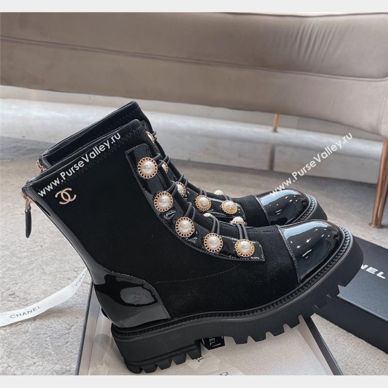 Chanel Patent Leather Suede Lace-up Ankle Boots with Pearls Black 2023 CH110306 (SS-231103029)