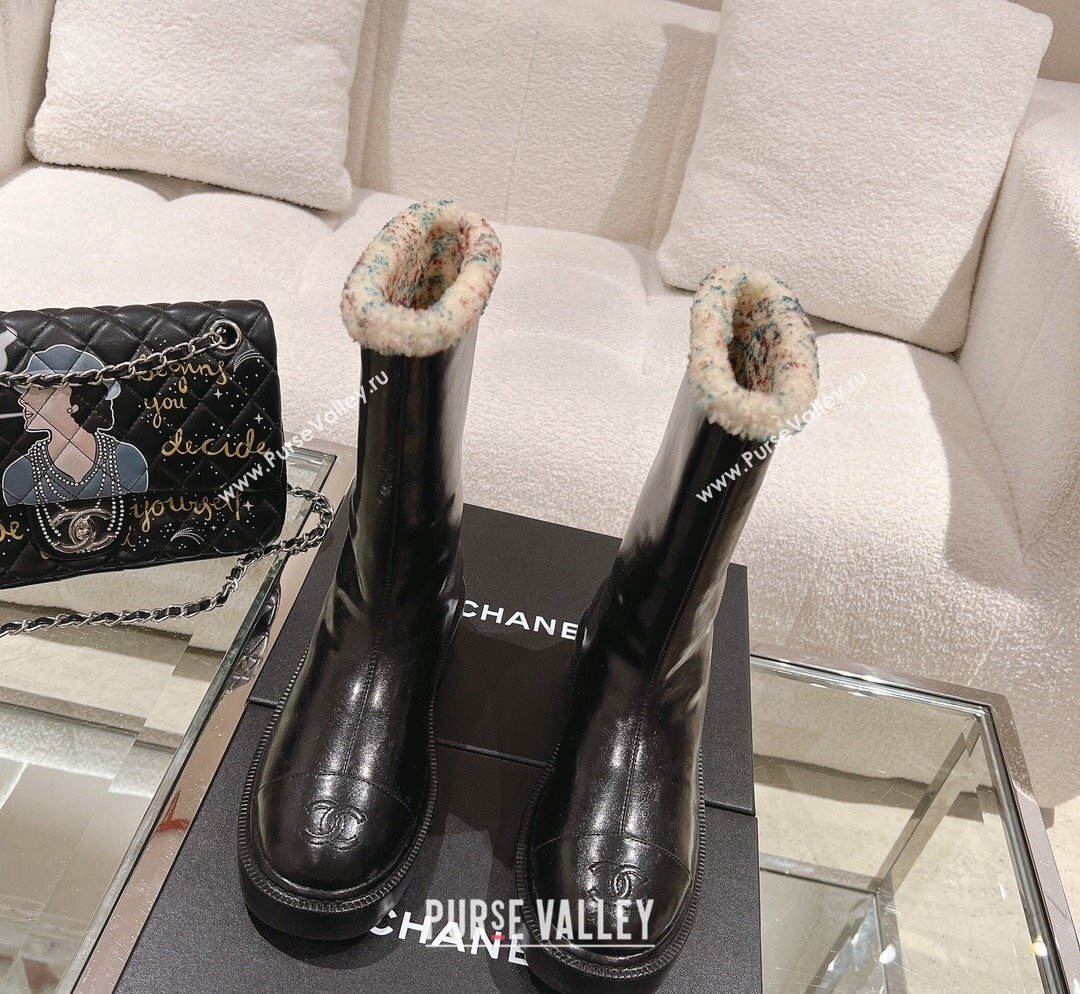 Chanel Crinkled Calfskin Shearling Ankle Boots Black/Multicolor 2023 CH110307 (SS-231103030)