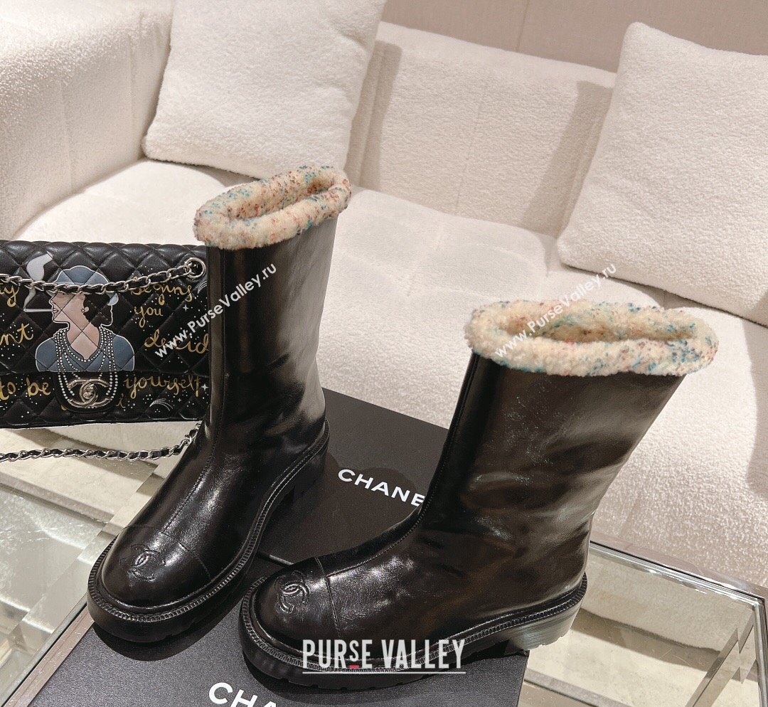 Chanel Crinkled Calfskin Shearling Ankle Boots Black/Multicolor 2023 CH110307 (SS-231103030)