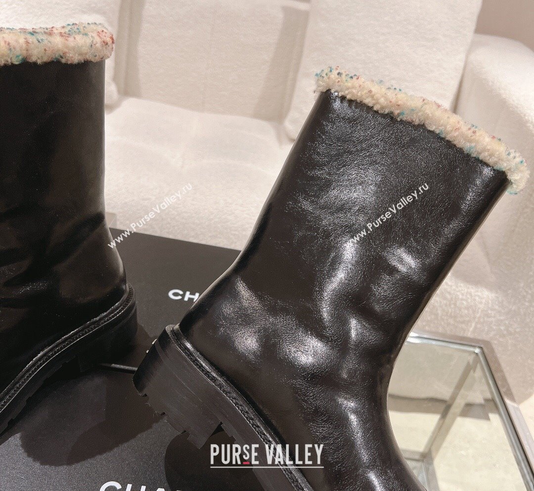 Chanel Crinkled Calfskin Shearling Ankle Boots Black/Multicolor 2023 CH110307 (SS-231103030)