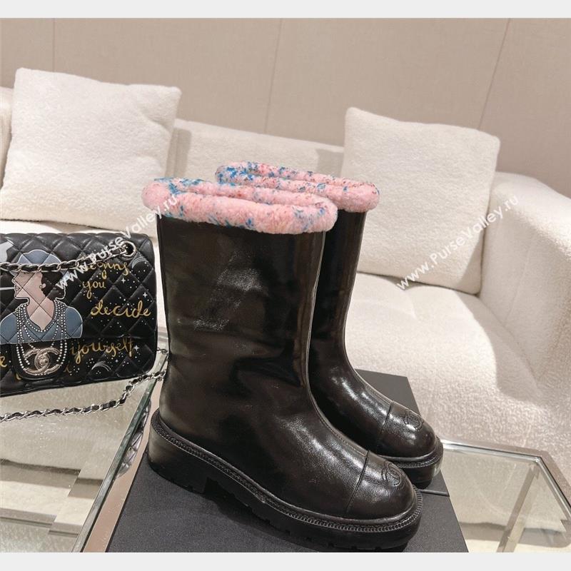 Chanel Crinkled Calfskin Shearling Ankle Boots Black/Light Pink 2023 CH110307 (SS-231103031)