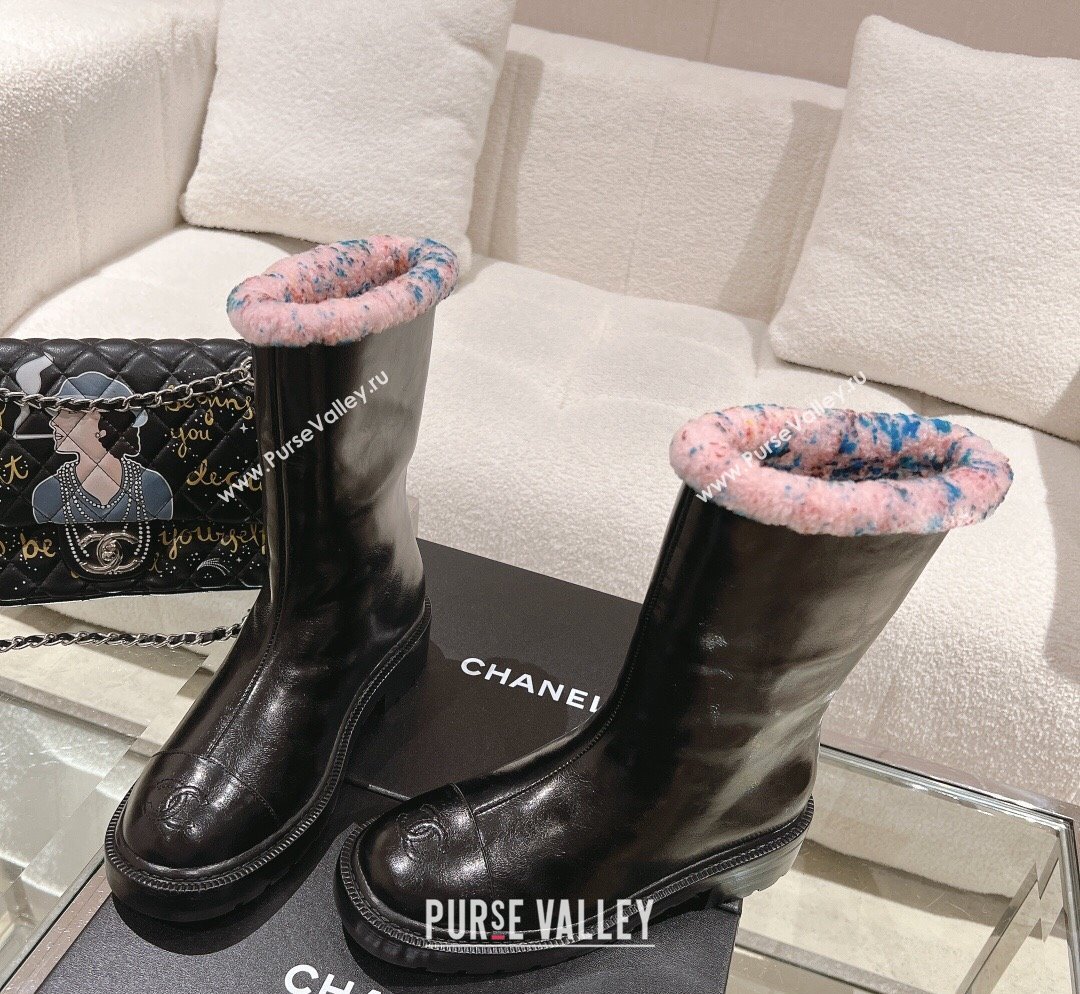 Chanel Crinkled Calfskin Shearling Ankle Boots Black/Light Pink 2023 CH110307 (SS-231103031)