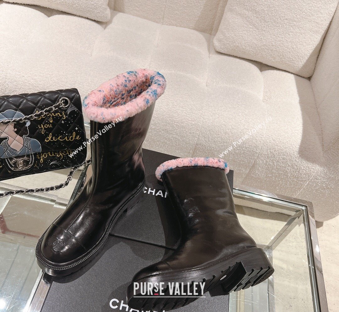 Chanel Crinkled Calfskin Shearling Ankle Boots Black/Light Pink 2023 CH110307 (SS-231103031)