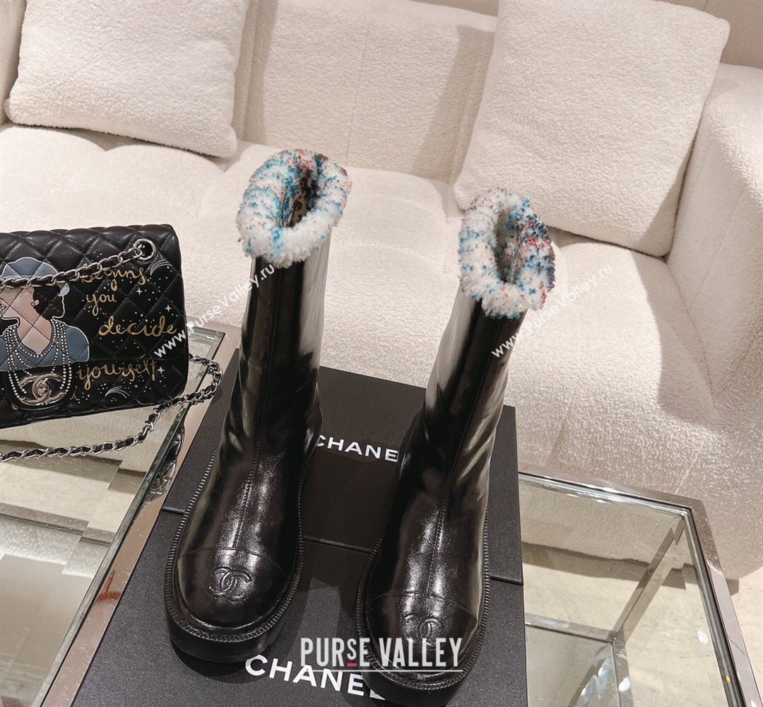 Chanel Crinkled Calfskin Shearling Ankle Boots Black/Blue 2023 CH110307 (SS-231103032)