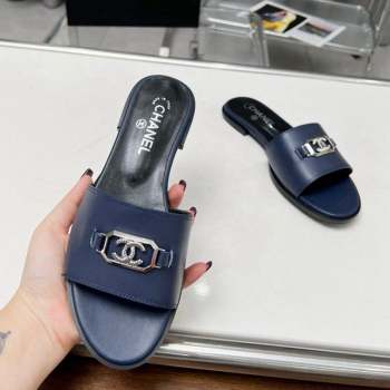 Chanel Calfskin Slide Sandals with Framed CC Dark Blue 2023 (GDX-231103008)