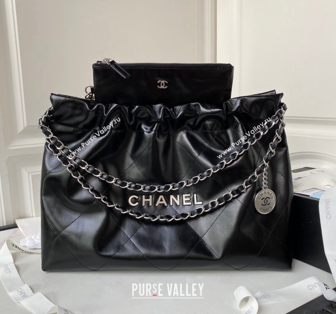 Chanel Shiny Calfskin 22 East West Shopping Bag AS4486 Black/Silver 2023 (yezi-231111053)