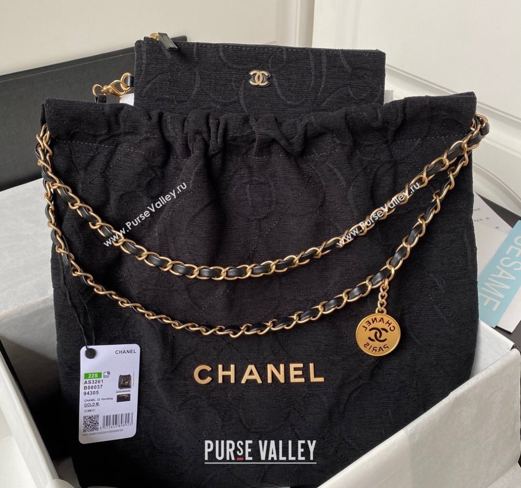 Chanel 22 Shopping Bag AS3261 in Camellia Velvet Black 2023 (yezi-231111056)