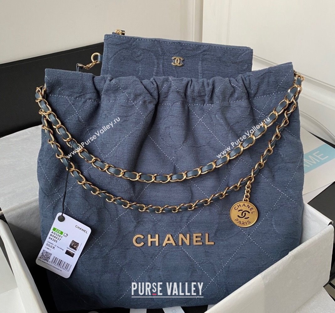 Chanel 22 Shopping Bag AS3261 in Camellia Velvet Blue 2023 (yezi-231111057)