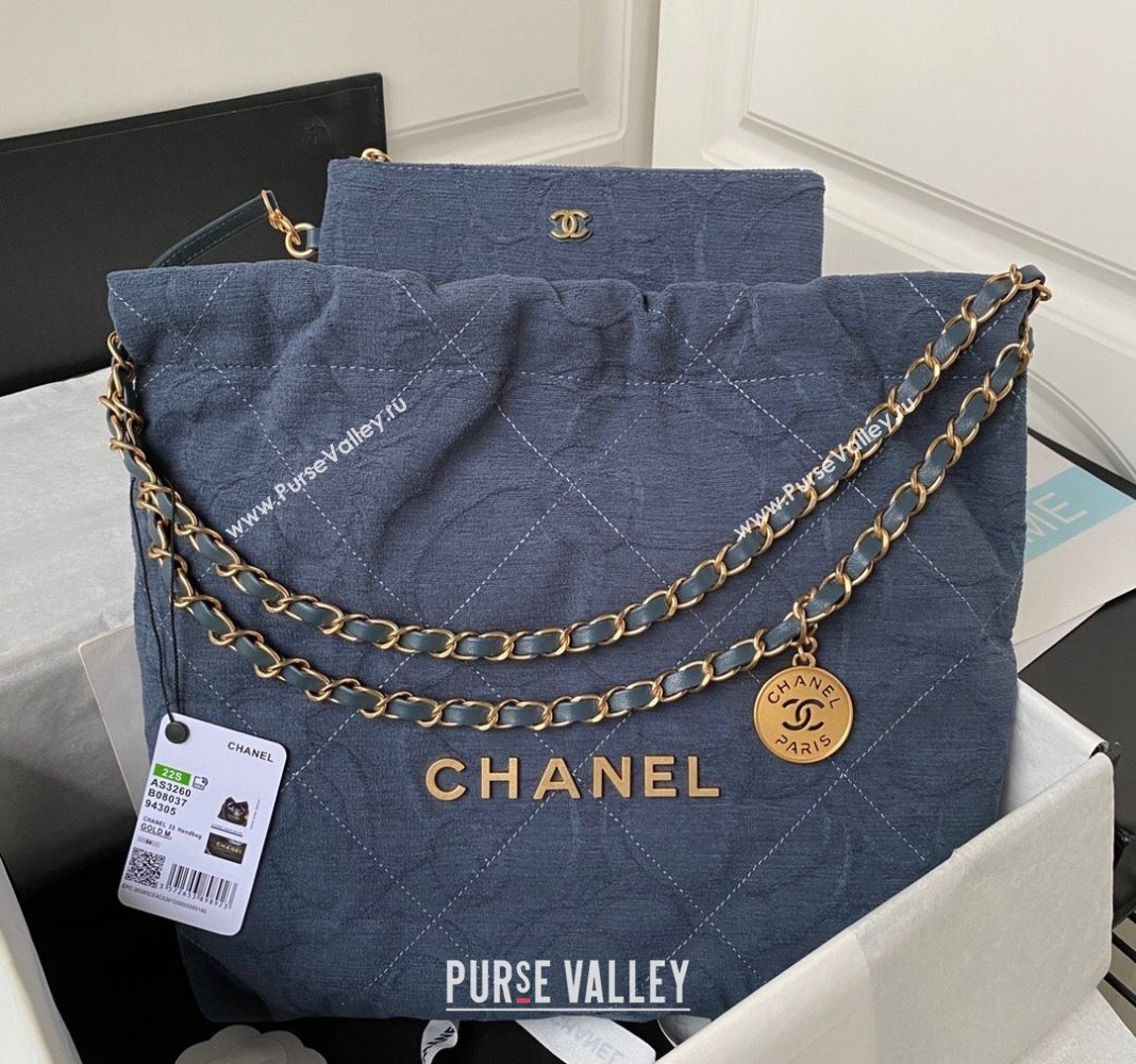 Chanel 22 Small Shopping Bag AS3260 in Camellia Velvet Blue 2023 (yezi-231111055)