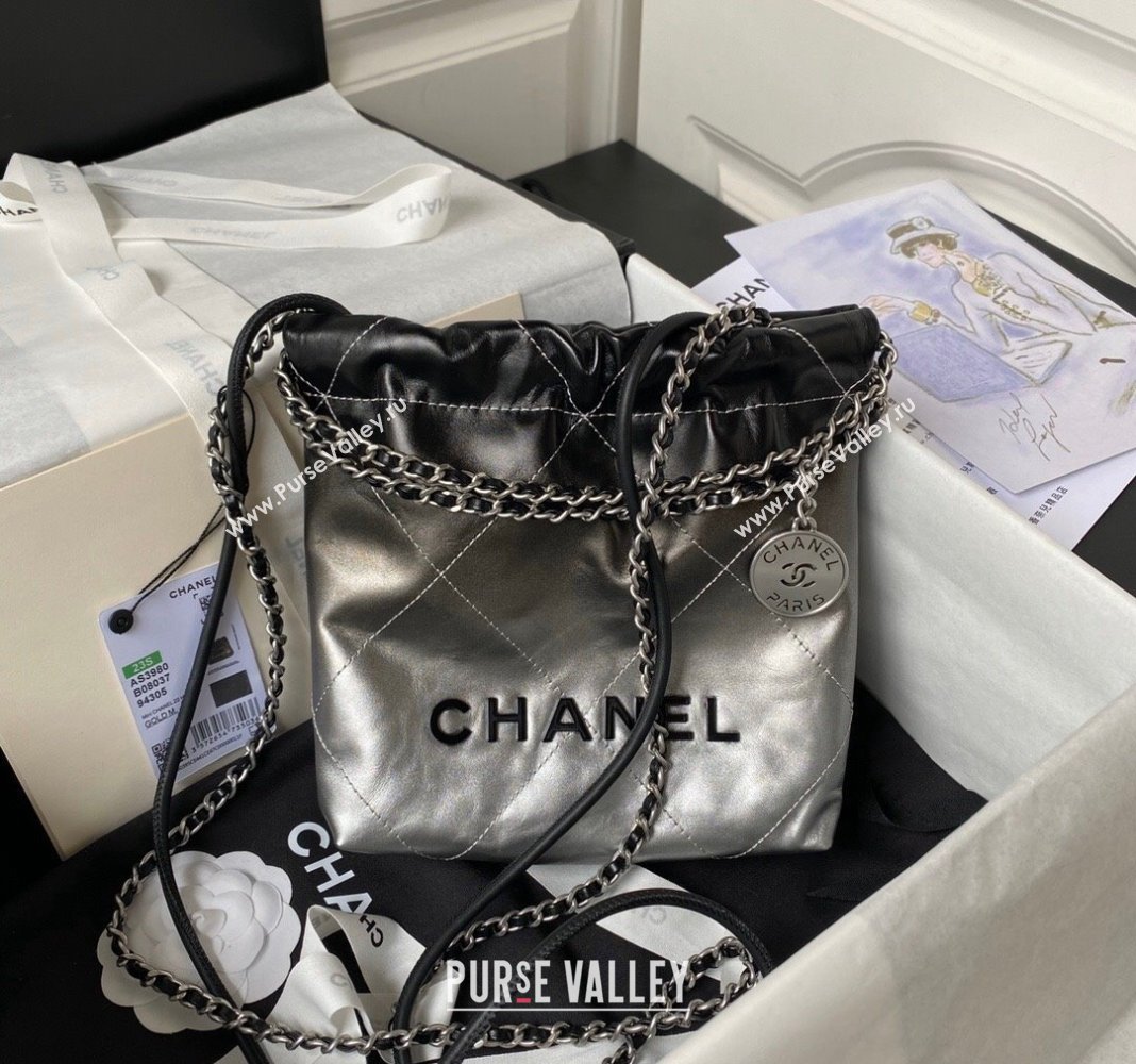 Chanel 22 Metallic Shaded Calfskin Mini Shopping Bag AS3980 Black/Silver 2024 (yezi-240218009)